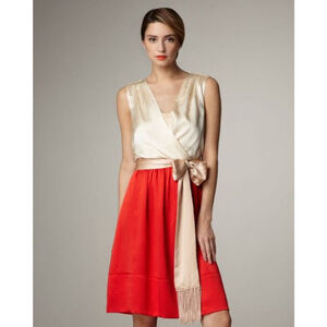 Tory Burch Darya Cream and‎ Red Silk Colorblock Wrap Dress 52111401 Size 0